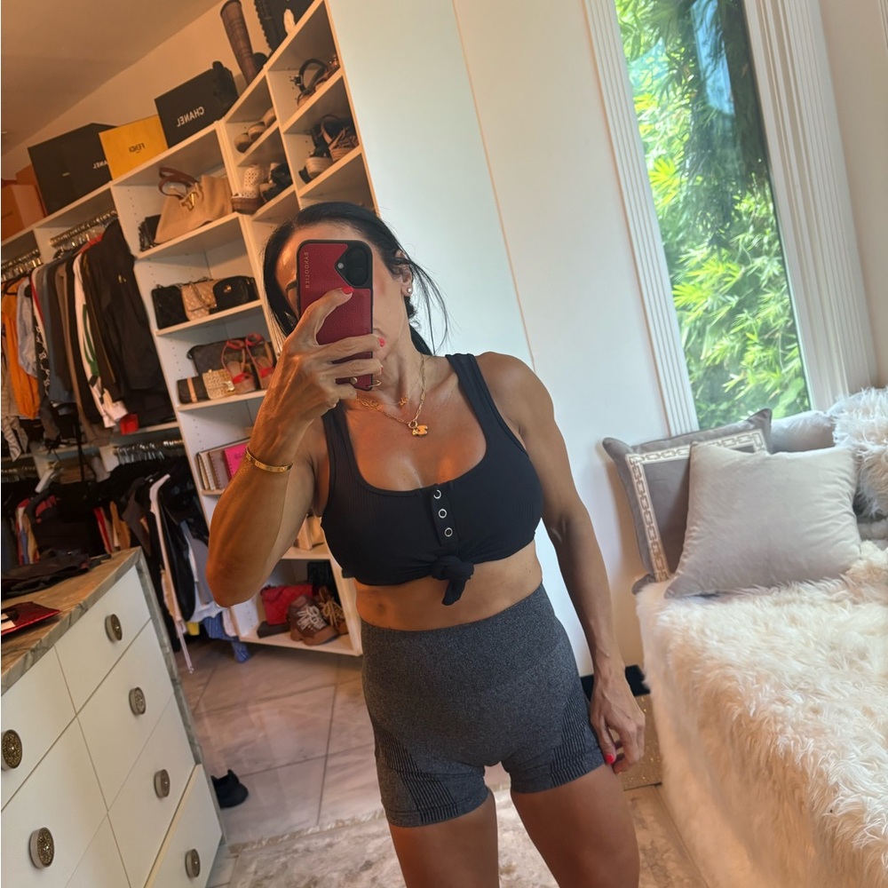 Bombshell Sportswear Black Ribbed Button-Front Sports Bra